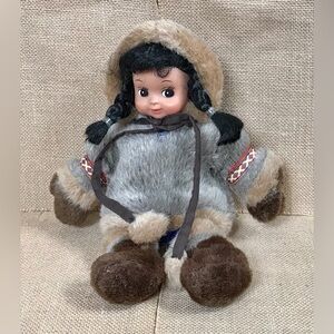 Vintage Arctic Circle Inuit Girl Doll Plush Beanie Body Plastic Face Cultural